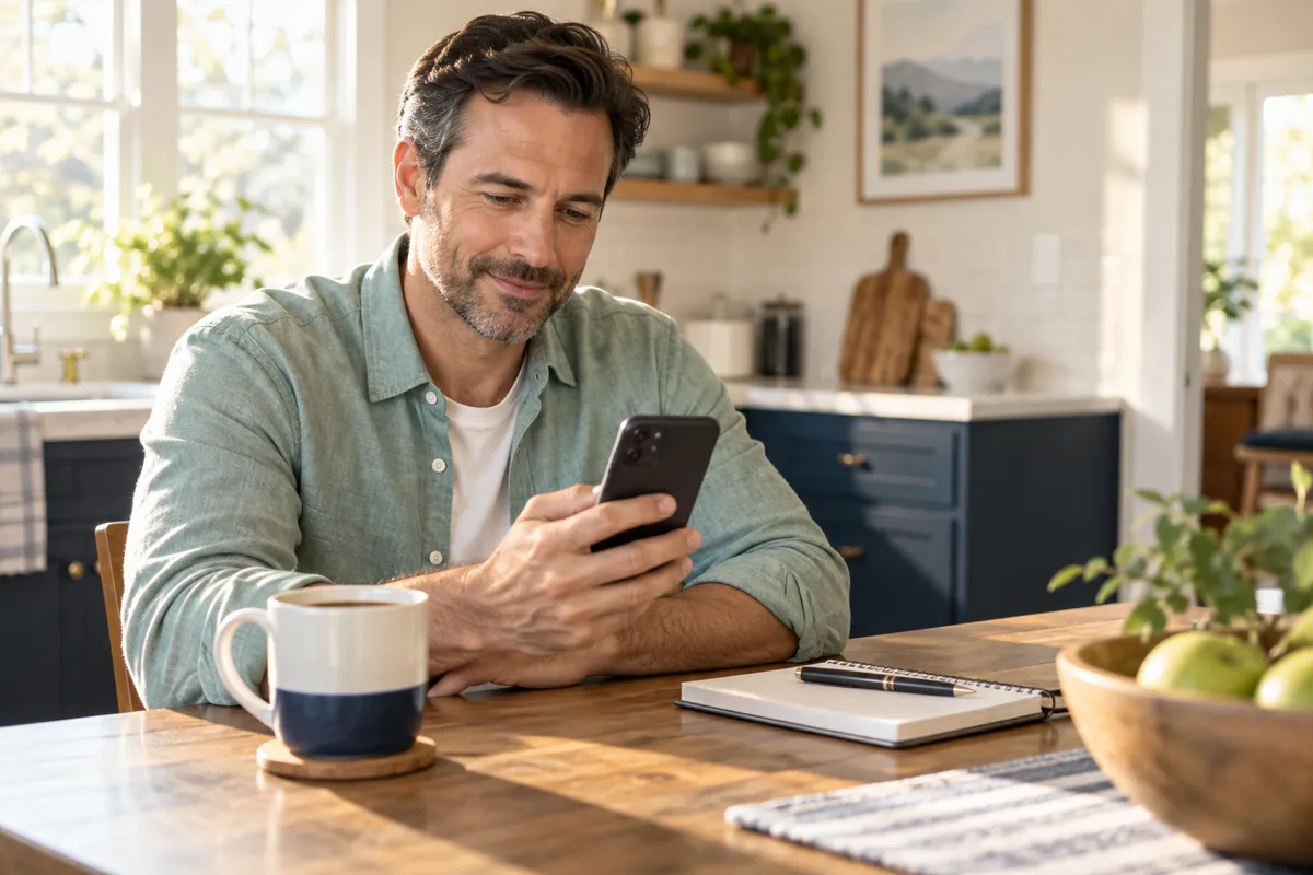 Man checking his credit score on a phone before applying for HFD financing