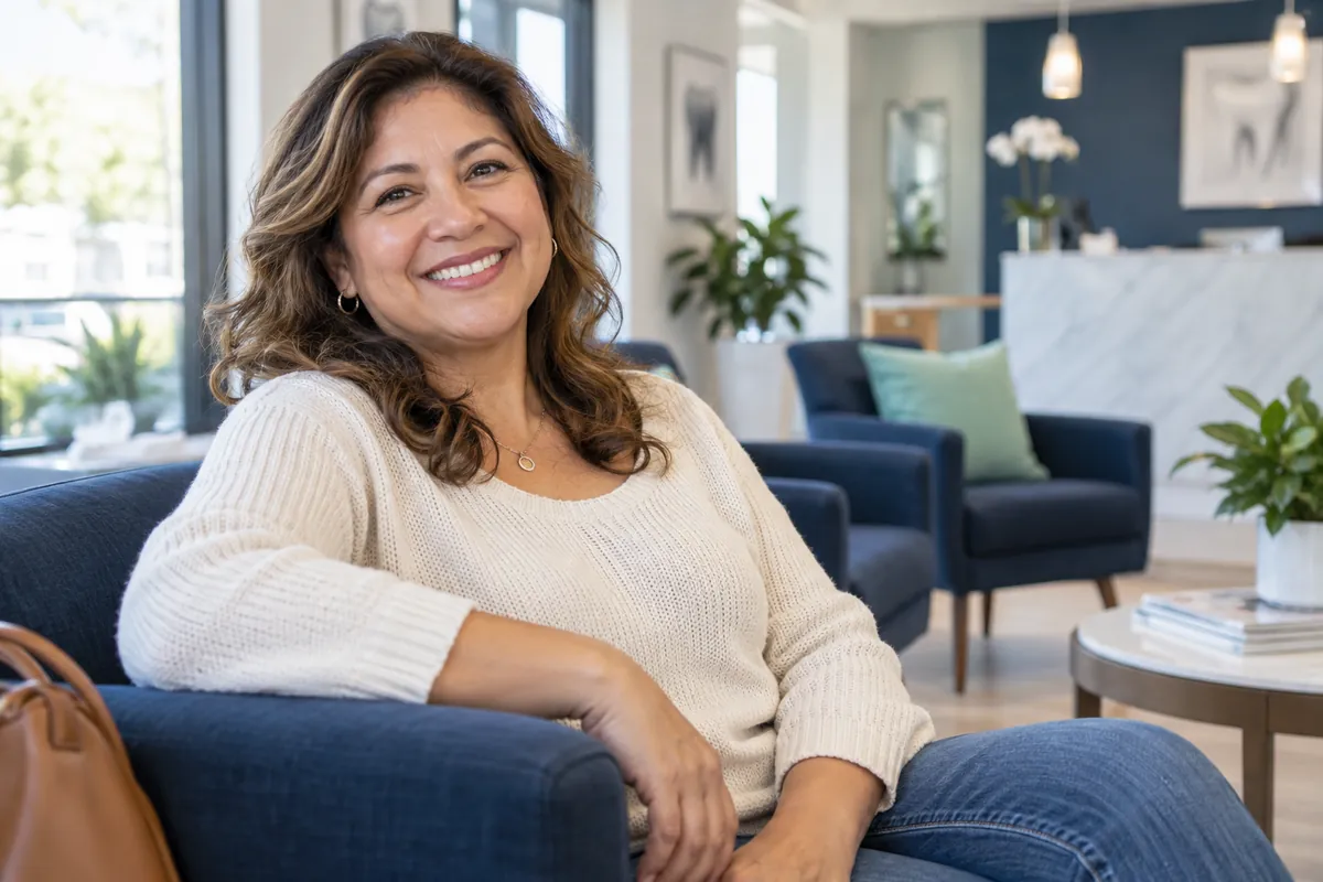 Satisfied patient in a dental waiting room after using HFD financing