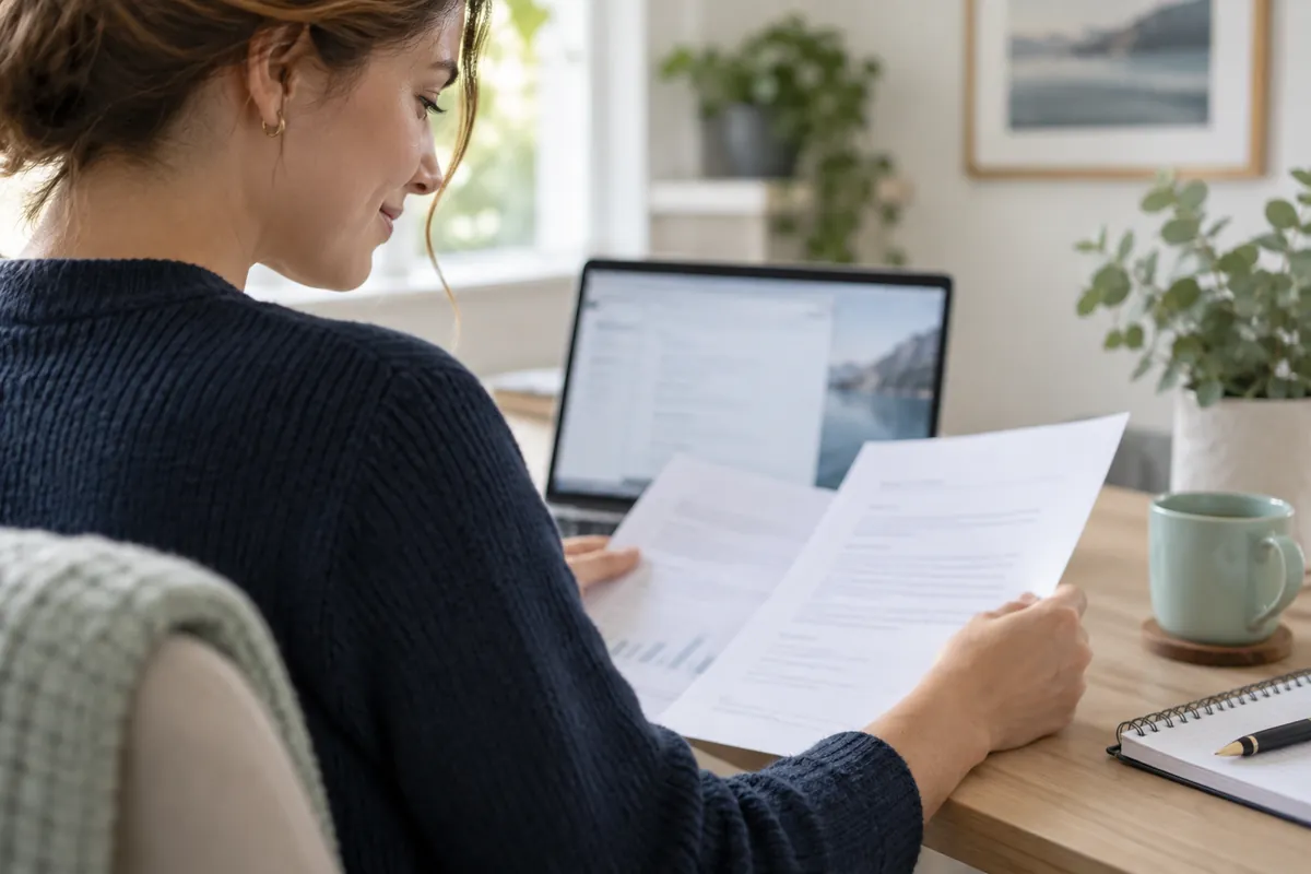 Woman looking over her credit report at home after an HFD soft credit check