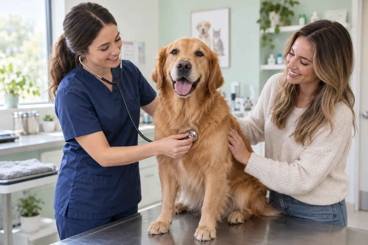 Veterinarian examining a dog, a visit that can be paid with HFD vet financing